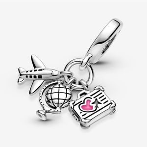 Authentic Pandora Airplane, Globe & Suitcase Dangle Charm Bracelet Necklace EUC